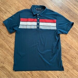 Men's Blue Polo Shirt with Red and White Stripes, XL
